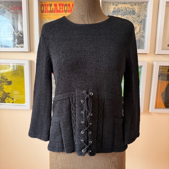 Y2K Black Lace-Up Waist Knit Top - Picture 1 of 6